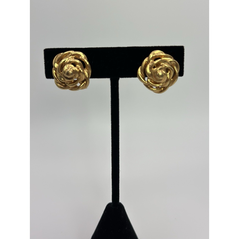 Vintage Estate Goldtone Rope Twisted Rose Design Clip Earrings